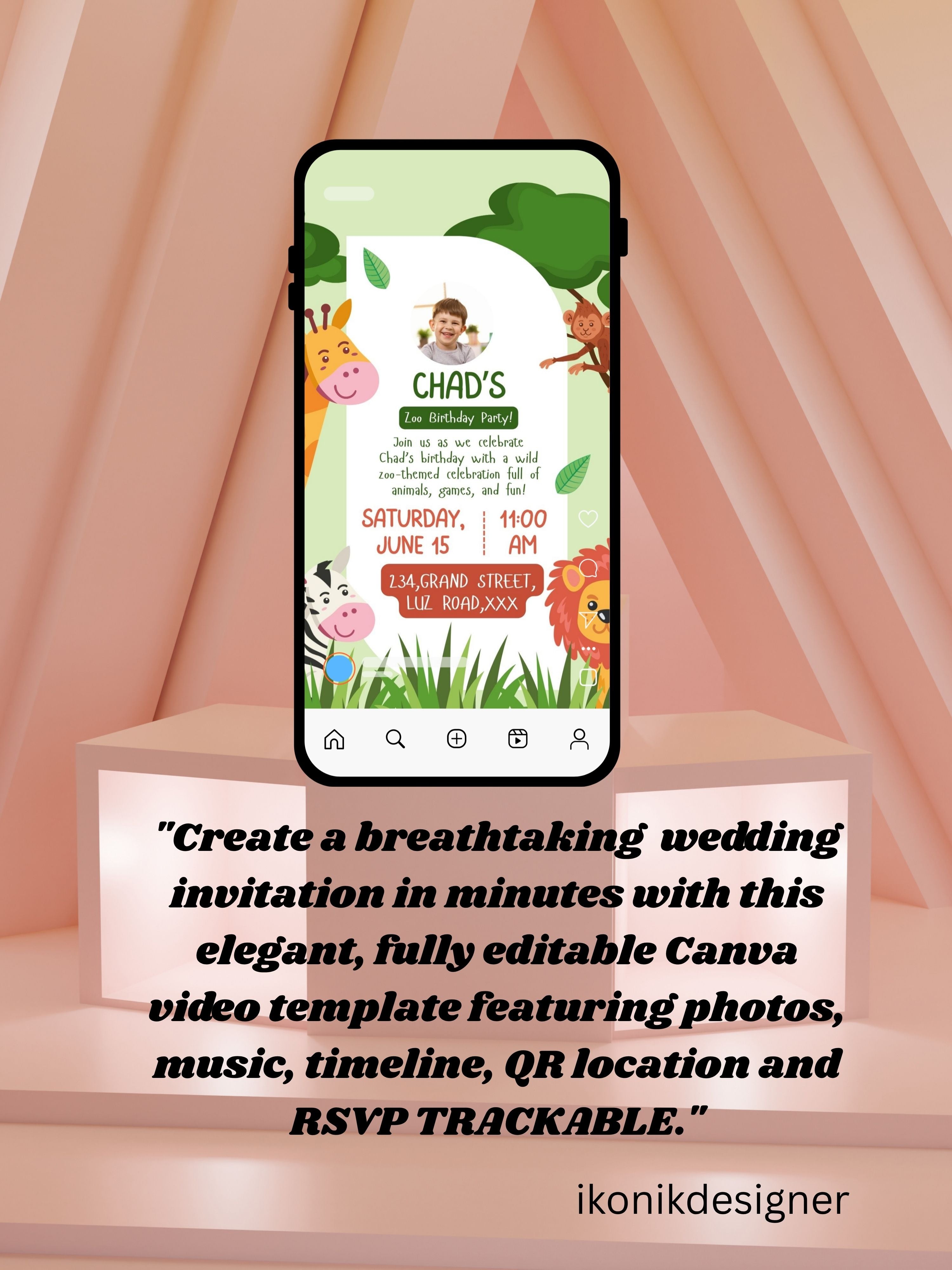 commercial use ANIMAL THEME Birthday Invitation Video | Editable Canva pro Template | Kids Party Invite | ki23c