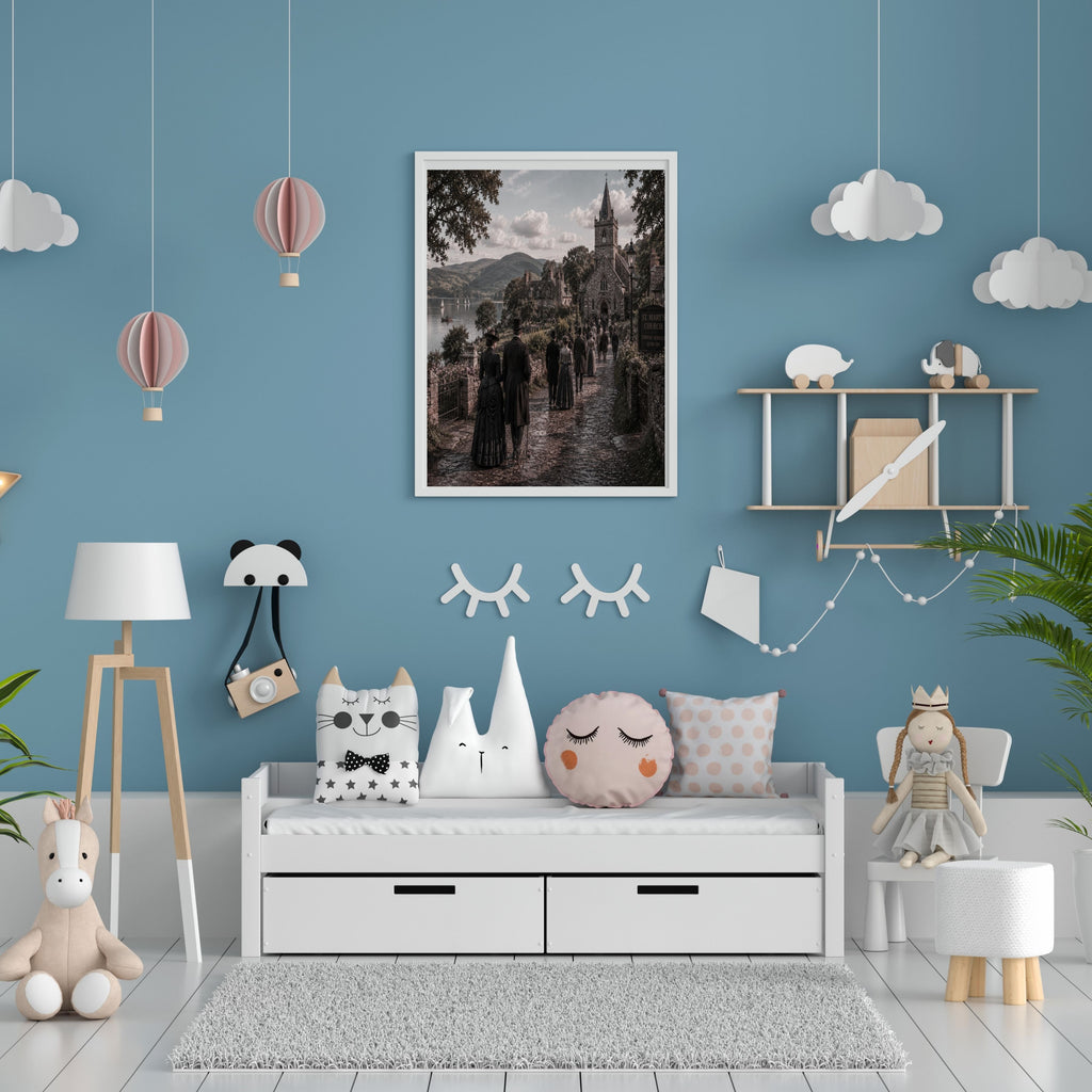 Victorian Lakeside Village Wall Art Printable, Historic Church and Mountain Scene, 11+ Sizes