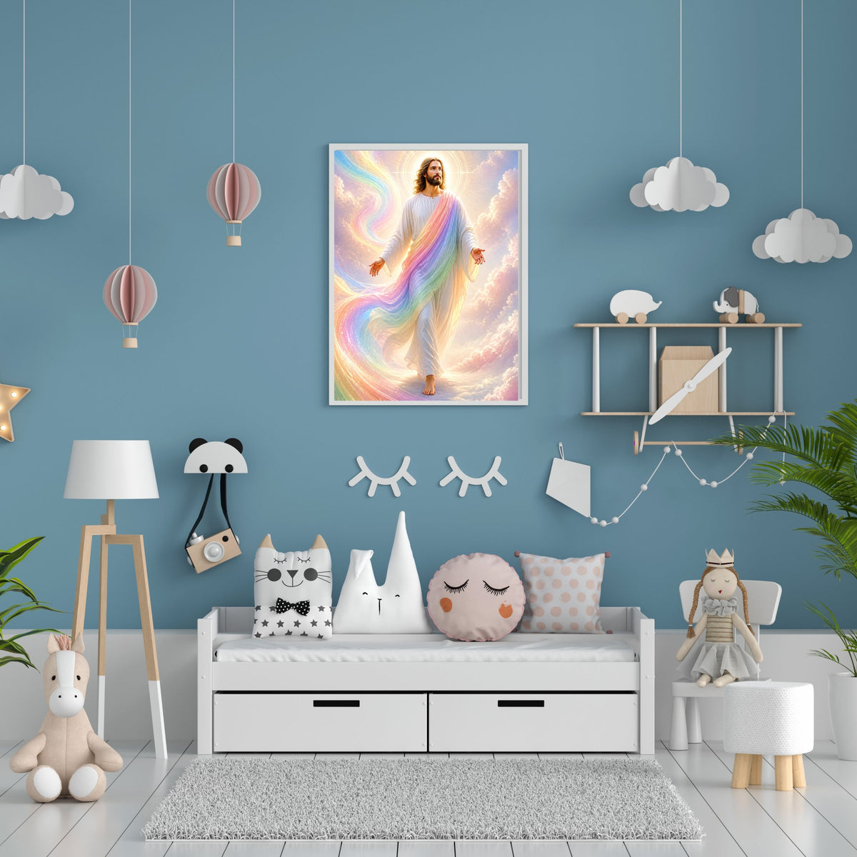 Jesus Rainbow Covenant Wall Art Printable | Iridescent Rainbow Mantle Pastel Cloud Upward Gaze Print | Hope Promise Dreamy Nursery Christian Decor
