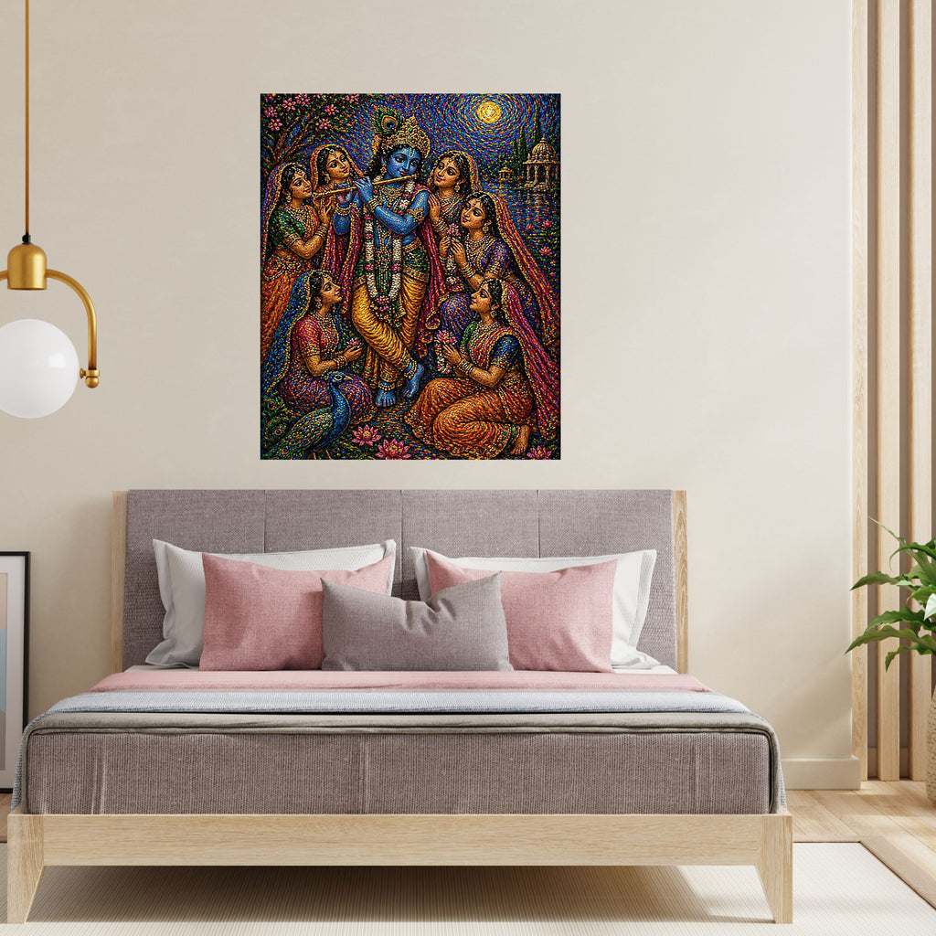 Krishna Gopis Wall Art Printable | Raas Lila Bead Mosaic Bansuri Flute Five Devotees Peacock Lotus Temple Swirling Sun Vrindavan | Hindu Spiritual Decor Devotional Gift