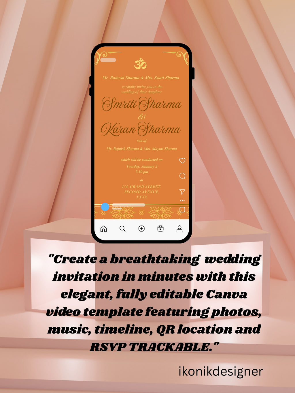 WI0020-HINDU WEDDING Invitation Video Template | Editable Indian Wedding Invite | Canva pro Digital Wedding Invitation | Luxury Save the Date | Wedding Video