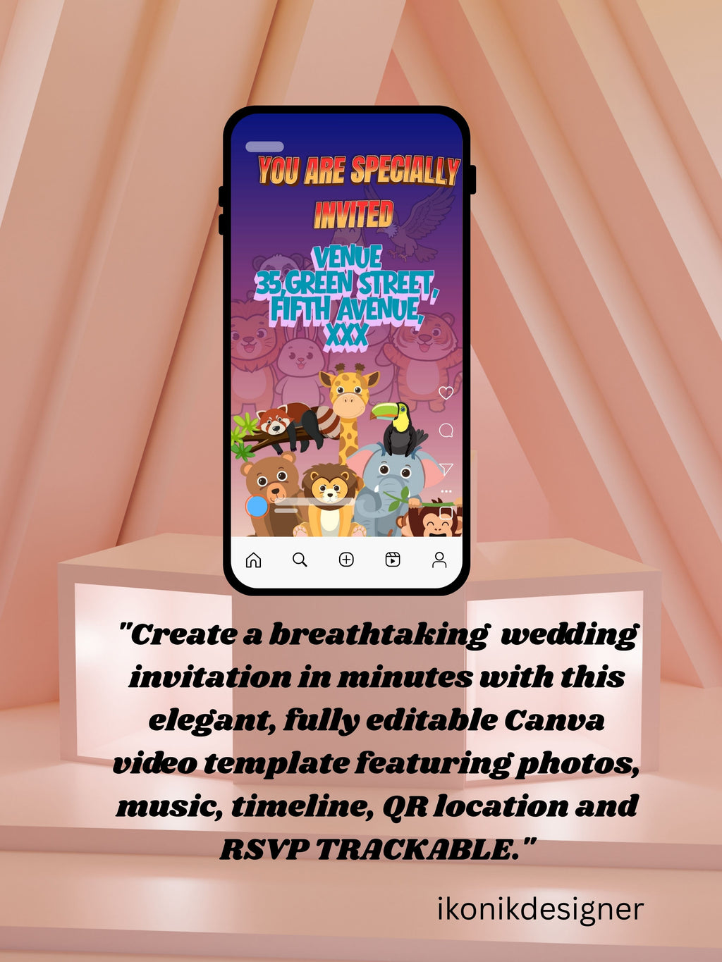 commercial use ANIMAL THEME Birthday Invitation Video | Editable Canva pro Template | Kids Party Invite | ki32c