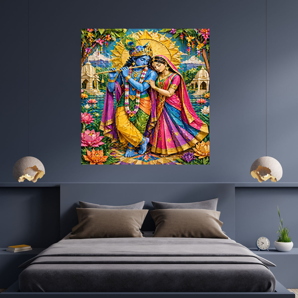 Paper Craft Radha Krishna Wall Art Printable | Colourful Quilling Folk Art Couple Bansuri Lotus Temple Sunburst Halo | Vibrant Hindu Love Spiritual Decor Gift