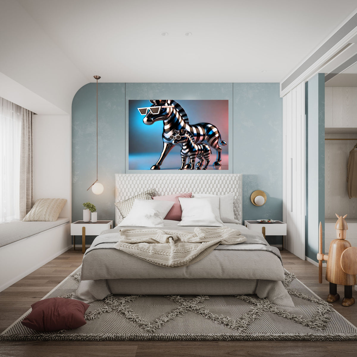 Chrome Metallic Zebra Mother and Foal Wall Art Bundle, Commercial Use Futuristic 3D Zebra Sculpture Sunglasses Neon Studio Glow Modern Luxury Safari Poster, Animal POD Print, Digital Download, 300 DPI