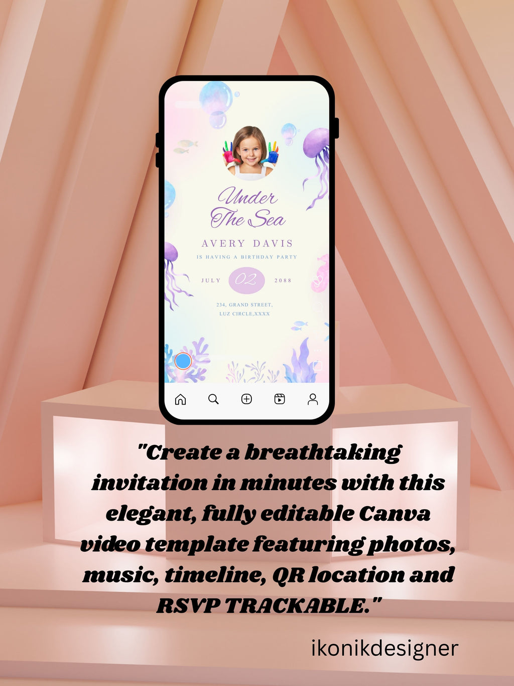 Under the Sea Birthday Invitation Video Canva | Pastel Watercolour Ocean Jellyfish Dolphin Avery Davis Grand Street Luz Circle | Party Time RSVP | Commercial Use Licence
