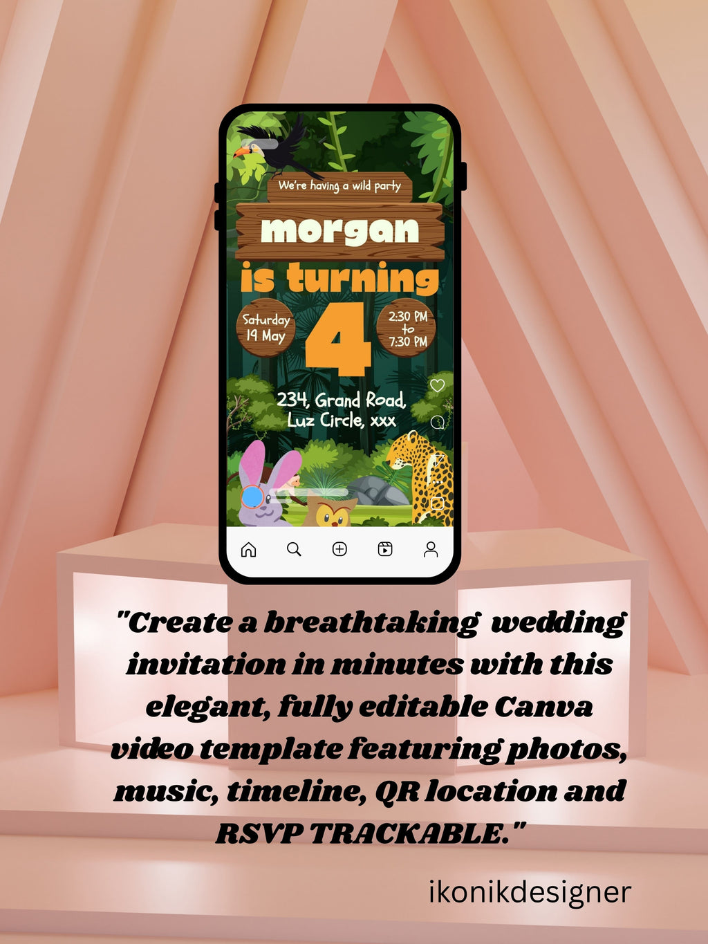 commercial use ANIMAL THEME Birthday Invitation Video | Editable Canva pro Template | Kids Party Invite | ki4c