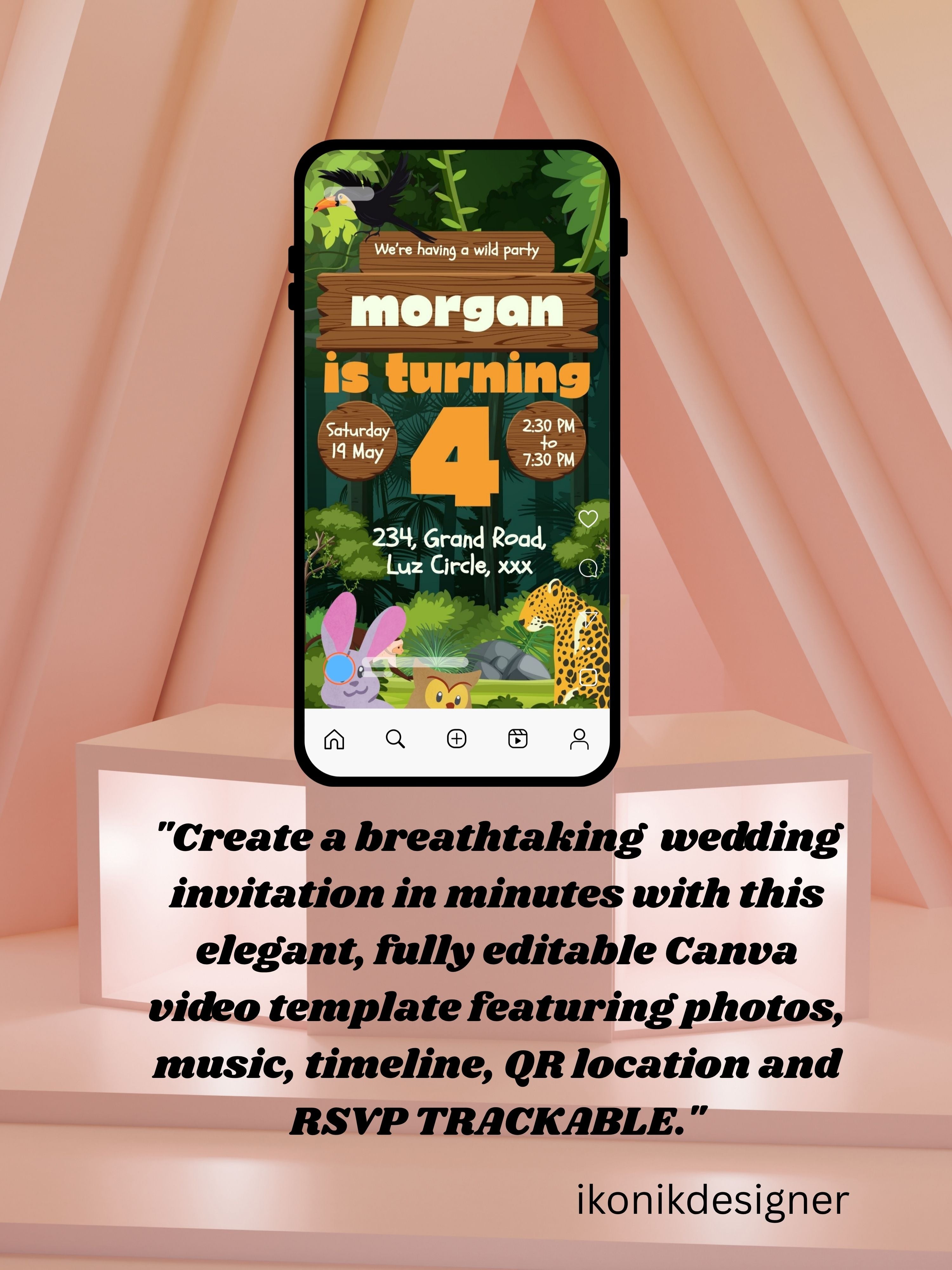 commercial use ANIMAL THEME Birthday Invitation Video | Editable Canva pro Template | Kids Party Invite | ki4c
