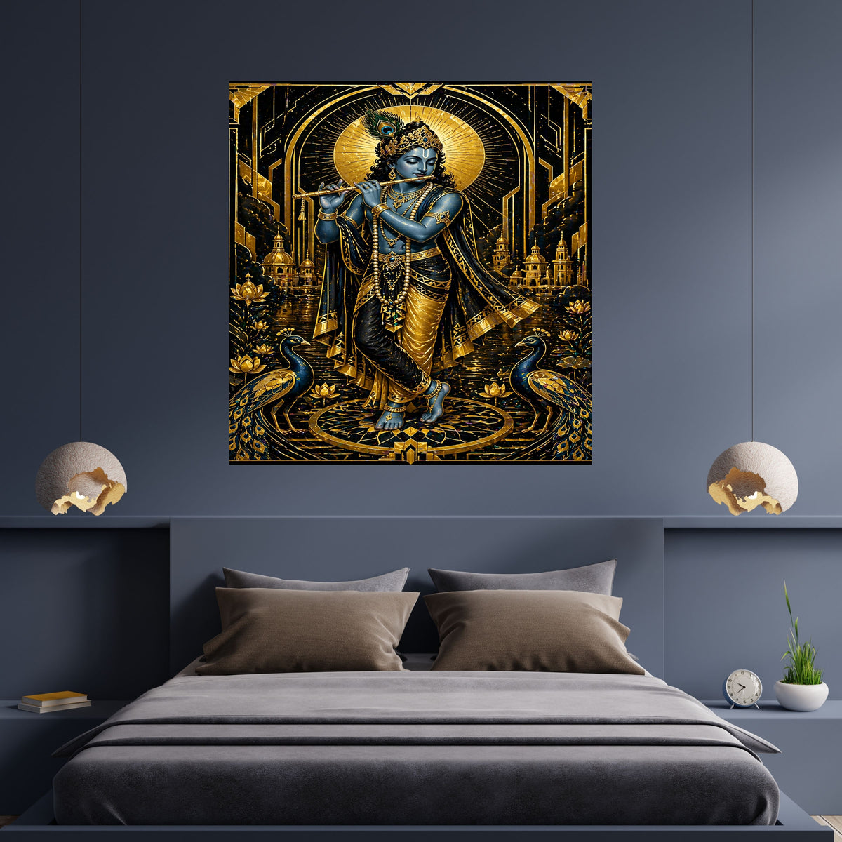 Art Deco Krishna Wall Art Commercial Use Bundle | Black Teal Gold Peacock Mandala Arch Temple Bansuri | Hindu Spiritual POD Etsy Resell License