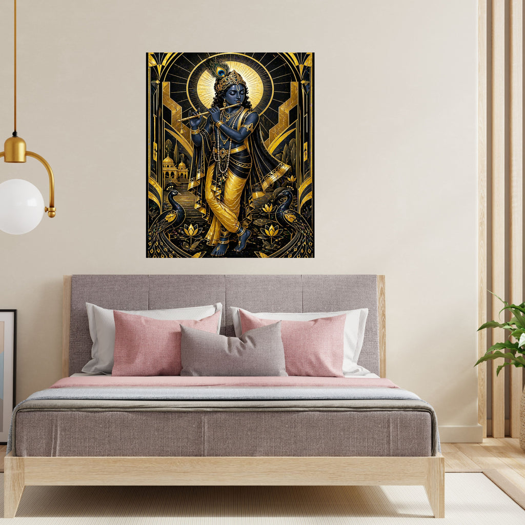 Art Deco Krishna Wall Art Commercial Use Bundle | Black Gold Luxury Geometric Frame Bansuri Peacock Lotus Halo Temple | Hindu Spiritual POD Etsy Resell License