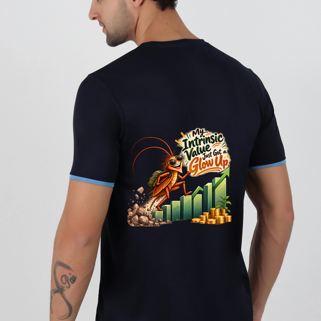 design mock ups. Design can be used on t-shirt, mug, wall paper, sticker, and more. A man wearing a navy blue t-shirt, viewed from the back. The shirt features a colorful graphic print of a cockroach climbing a bar graph with the text 'In My Intrinsic Value That Got Me Glow Up' and gold coins.