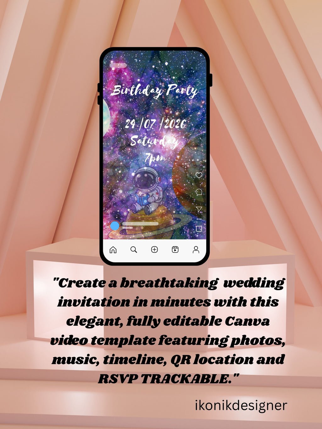 Astronaut Space Birthday Video Invitation Canva Commercial Licence | Neon Orange Gold Portal Sci-Fi Galaxy Vortex Purple Number Cartoon Astronaut Moon Surface Blue Purple Star Nebula | Resell Client Use Instant Download
