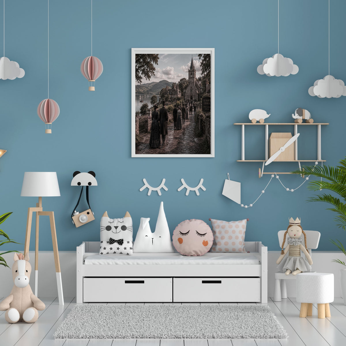 Victorian Lakeside Village Wall Art for Commercial Use, Historic Church Scene for Etsy and POD