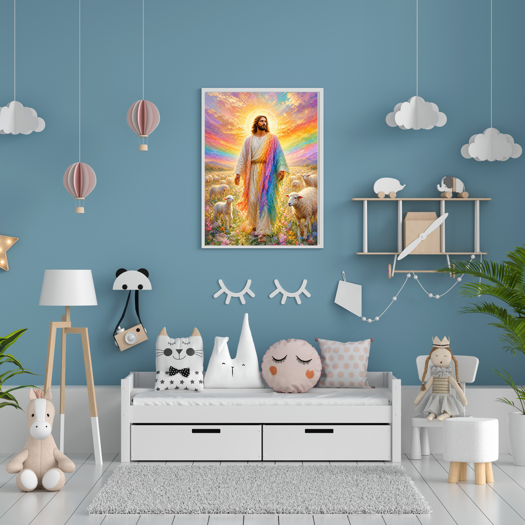 Jesus Good Shepherd Wall Art Printable | Rainbow Sky Christian Nursery Decor | Bible Story Print | Faith Wall Art | Instant Download
