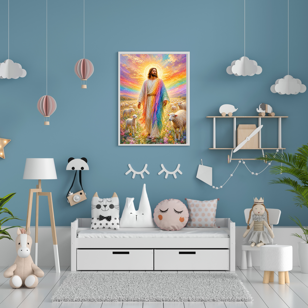 Jesus Good Shepherd Wall Art Printable | Rainbow Sky Christian Nursery Decor | Bible Story Print | Faith Wall Art | Instant Download