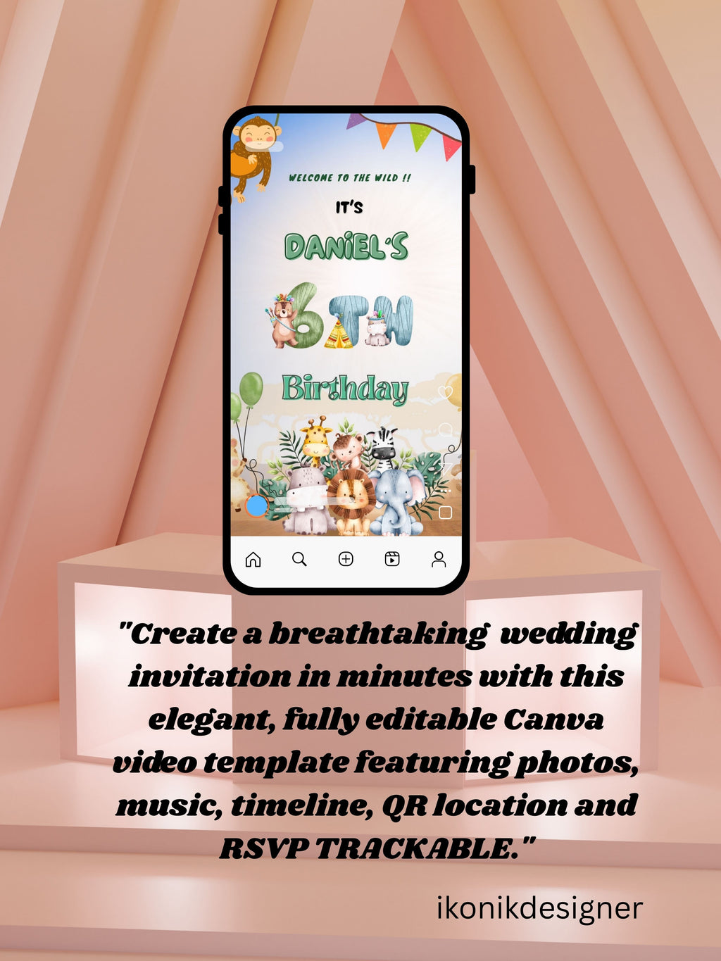 commercial use ANIMAL THEME Birthday Invitation Video | Editable Canva pro Template | Kids Party Invite | ki28c
