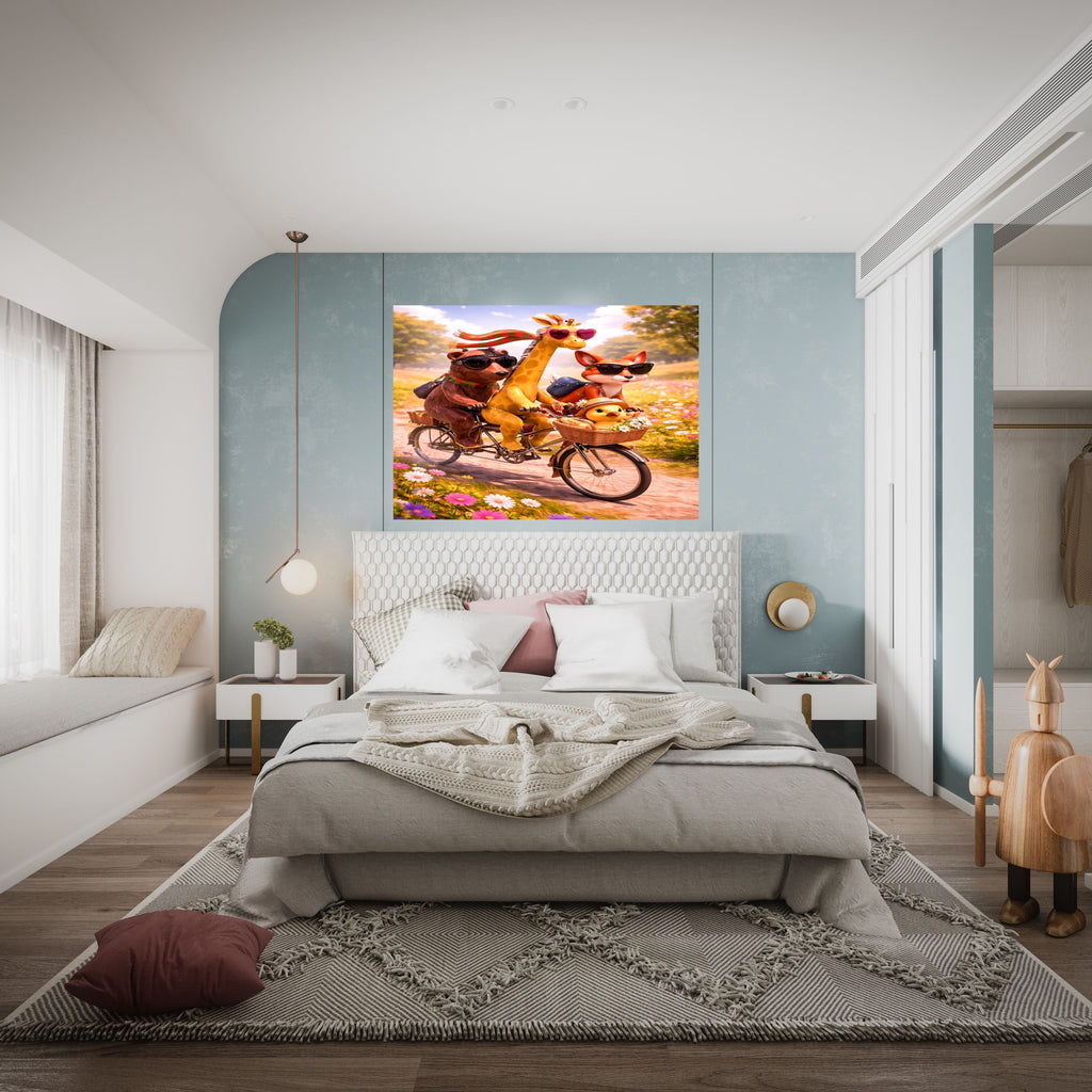 Cute Animals Bicycle Adventure Wall Art Printable, Bear Giraffe Fox Duck Bike Ride Sunglasses Wildflower Meadow Kids Nursery Poster, Fun Animal Cycling Home Decor Print, Digital Download, 300 DPI