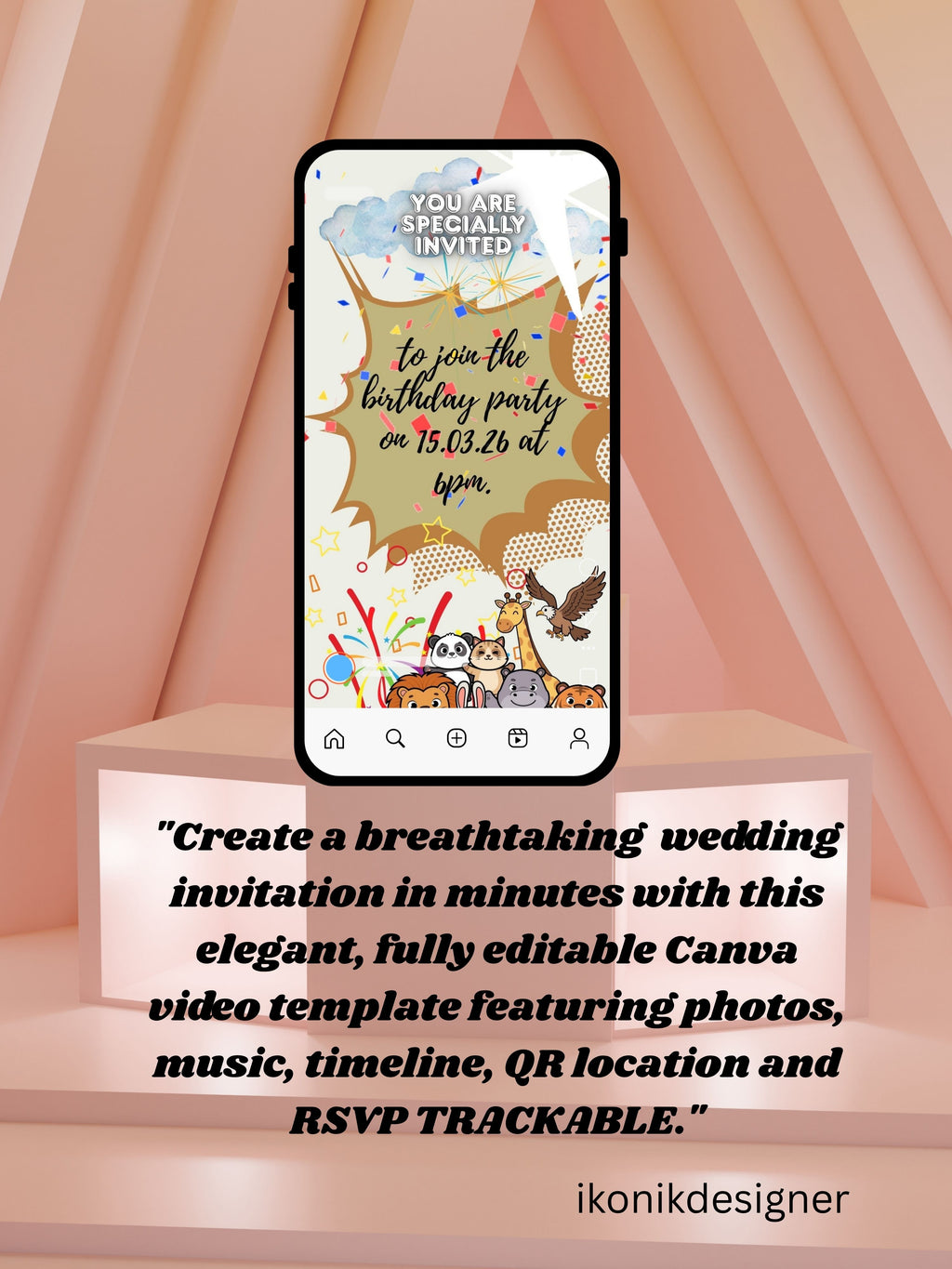 commercial use ANIMAL THEME Birthday Invitation Video | Editable Canva pro Template | Kids Party Invite | ki2c