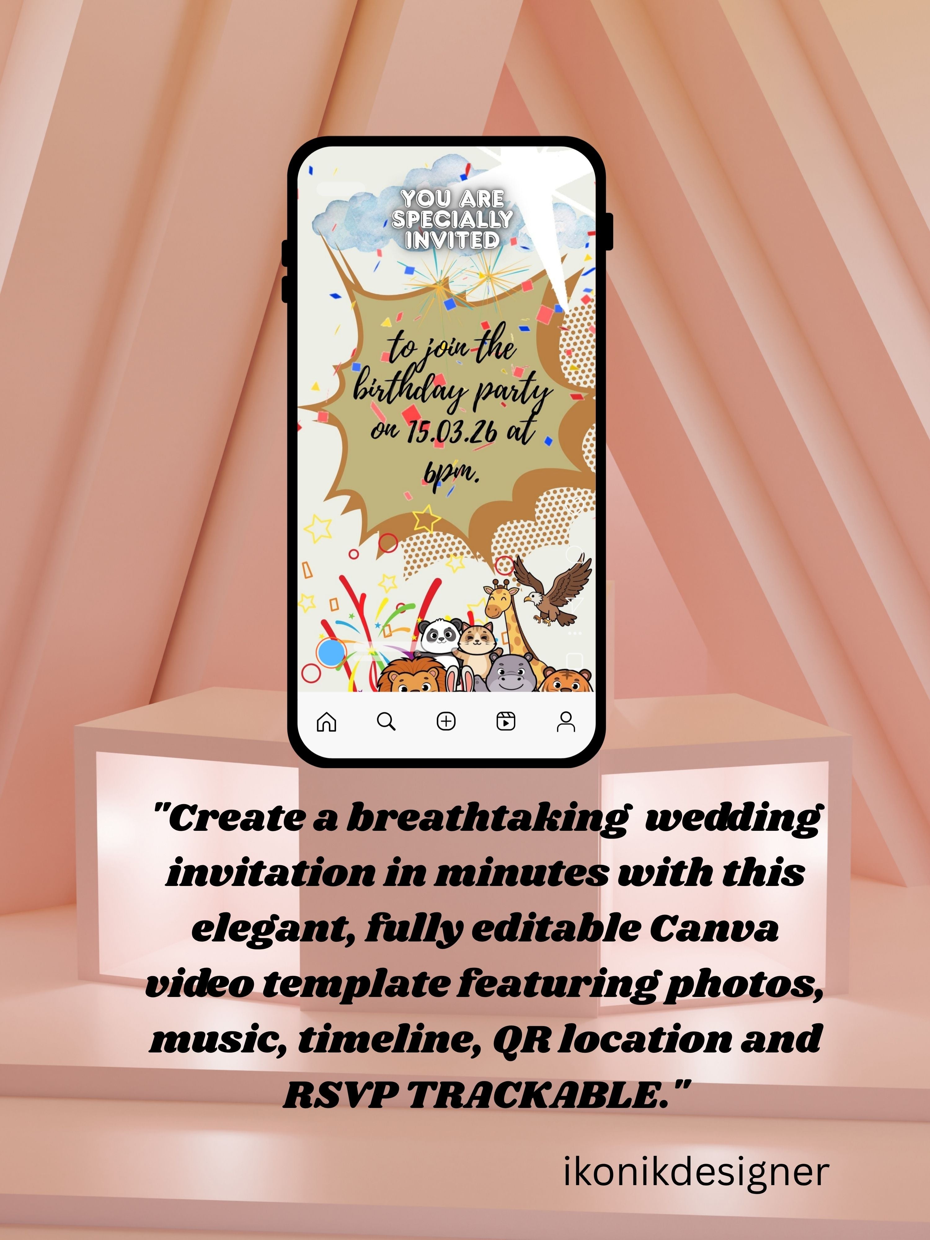 commercial use ANIMAL THEME Birthday Invitation Video | Editable Canva pro Template | Kids Party Invite | ki2c