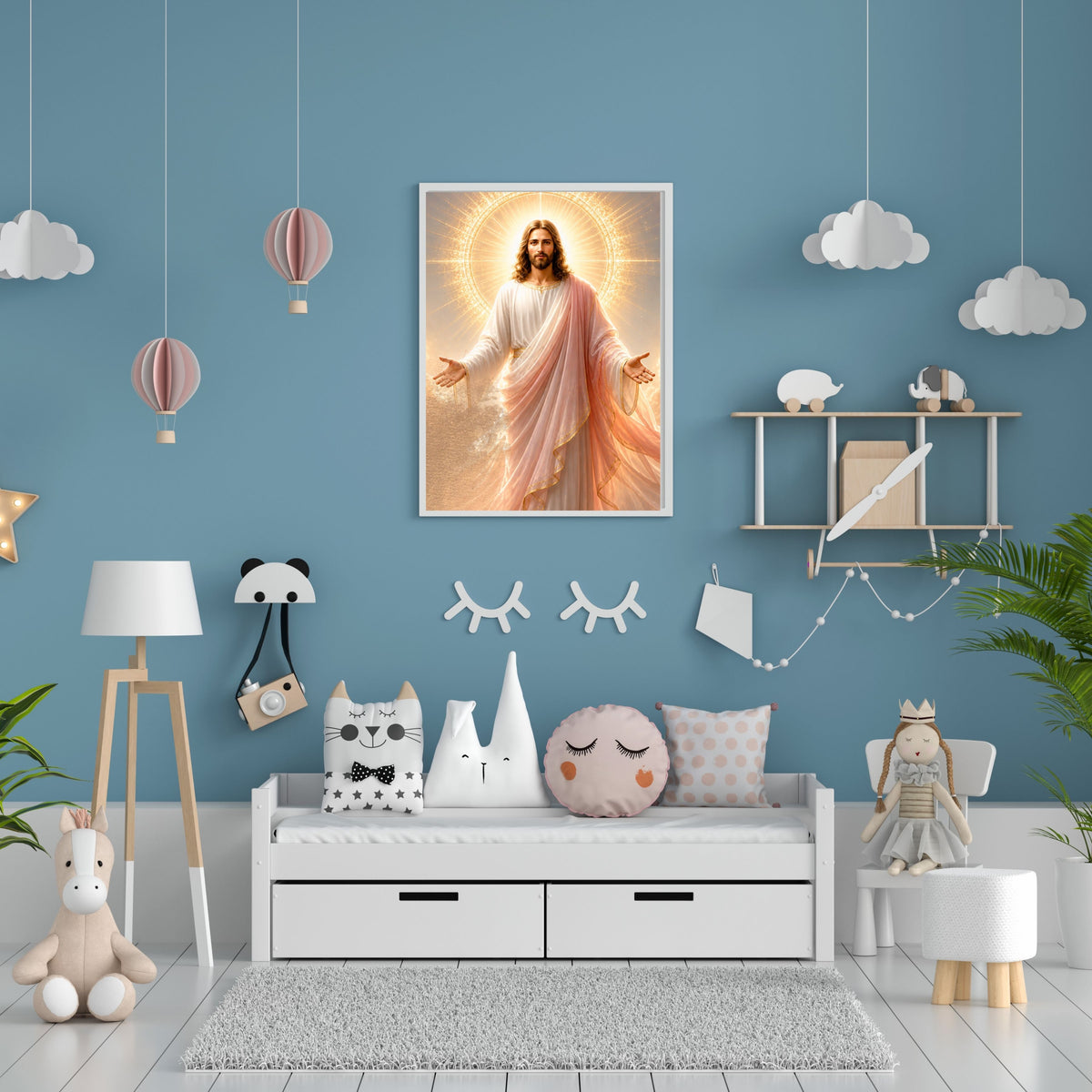 Jesus Light of the World Wall Art Printable | Smiling Direct Gaze Sunburst Cross Halo Print | Peach Mantle Gold Trim Divine Mercy Sacred Heart Decor