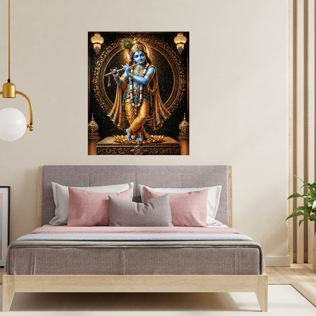 Lord Krishna Wall Art Printable | Krishna Playing Flute Blue Skin Peacock Feather Crown Gold Regalia Lotus Pedestal Dark Mandala Temple | Hindu Pooja Room Spiritual Decor Gift