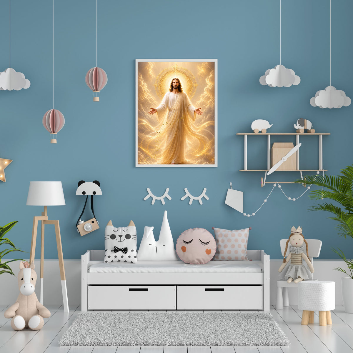 Jesus King of Glory Wall Art Printable | Heavenly Throne Room Ascended Christ Filigree Crown Halo Print | Gold Veil Mantle Blessing Hands Royal Heaven Decor