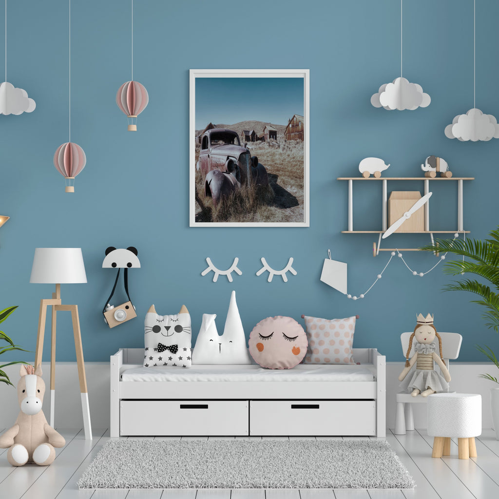 Vintage Pickup Truck Wall Art Printable, Old Western Mountain Town Scene