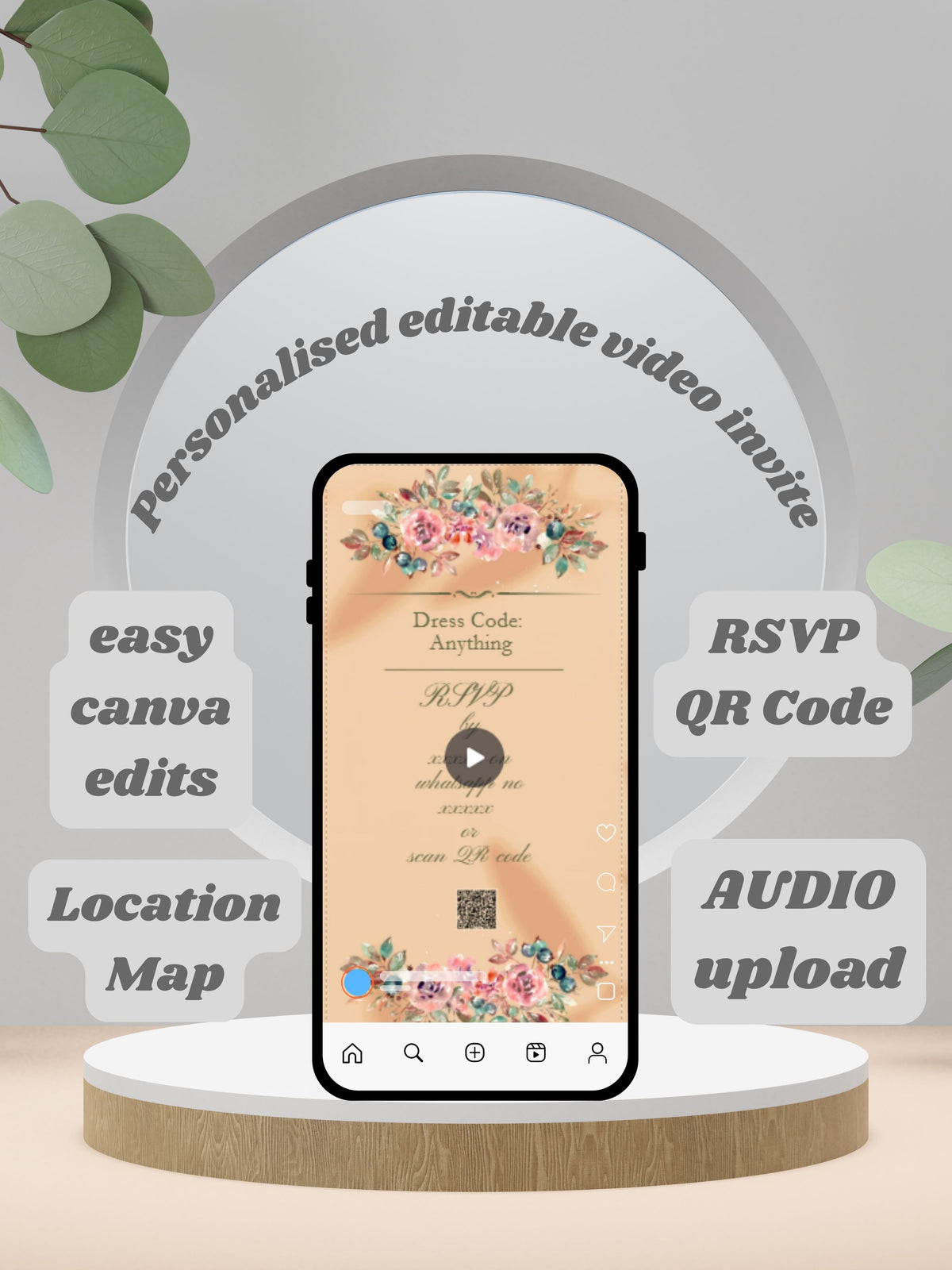 Christian Wedding Invitation Video Template Canva | Peach Watercolour Floral Save the Date | Isabel Weds Jonathan Day of Blessing | Personal Use
