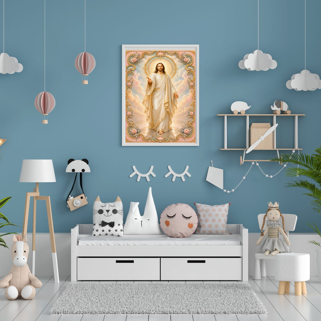 Jesus Walking Toward You Wall Art Printable | Full Body Approaching Portrait Baroque Gold Floral Frame Peach Cloud Sky Reflective Floor | Christian Faith Come Follow Me Decor