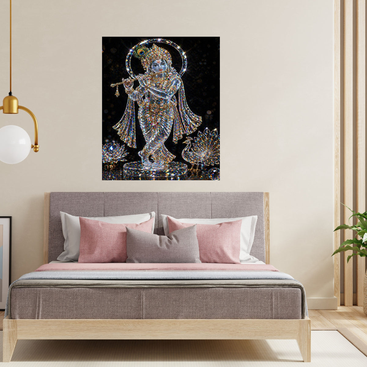 Lord Krishna Crystal Wall Art Printable | Diamond Crystal Sculpture Bansuri Flute Peacock Feather Crown Crystal Halo Crystal Peacock Lotus Black Background Luxury | Hindu Spiritual Decor Gift