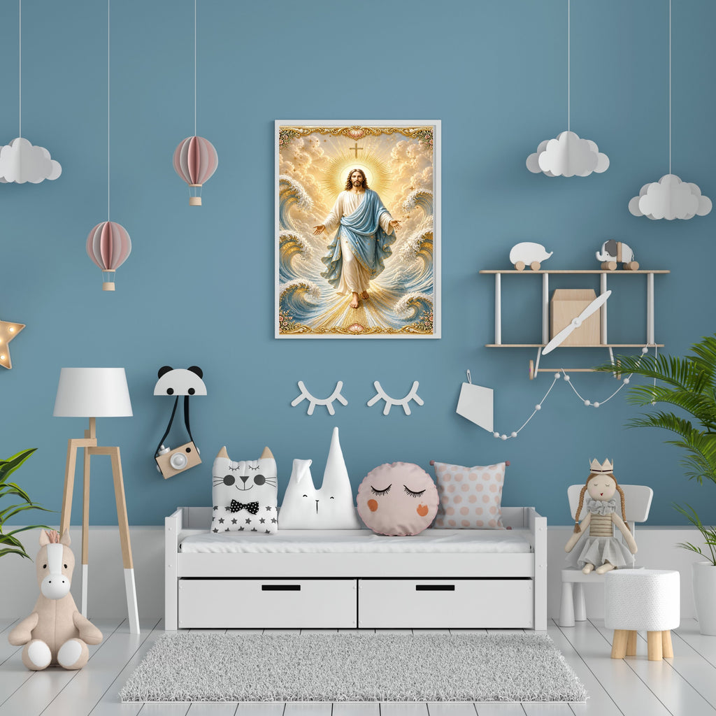 Jesus Lord of the Waves Wall Art Printable | Sky-Blue Mantle Parting Ocean Baroque Gold Border Seashell Frame Print | Sovereign over Storms Christian Coastal Faith Decor