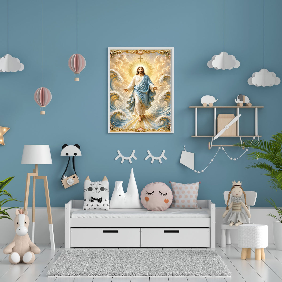 Jesus Lord of the Waves Wall Art Printable | Sky-Blue Mantle Parting Ocean Baroque Gold Border Seashell Frame Print | Sovereign over Storms Christian Coastal Faith Decor