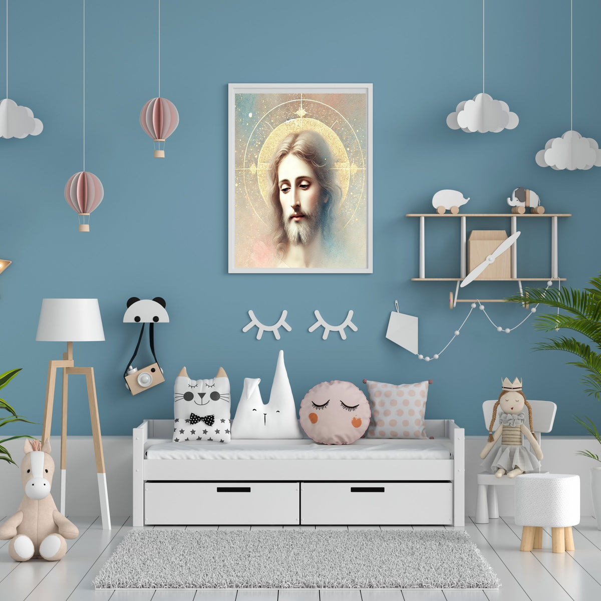 Jesus Face Portrait Wall Art Printable | Close Up Contemplative Jesus Pastel Watercolour Gold Oval Halo Four-Point Star | Christian Peaceful Face Devotional Decor Gift