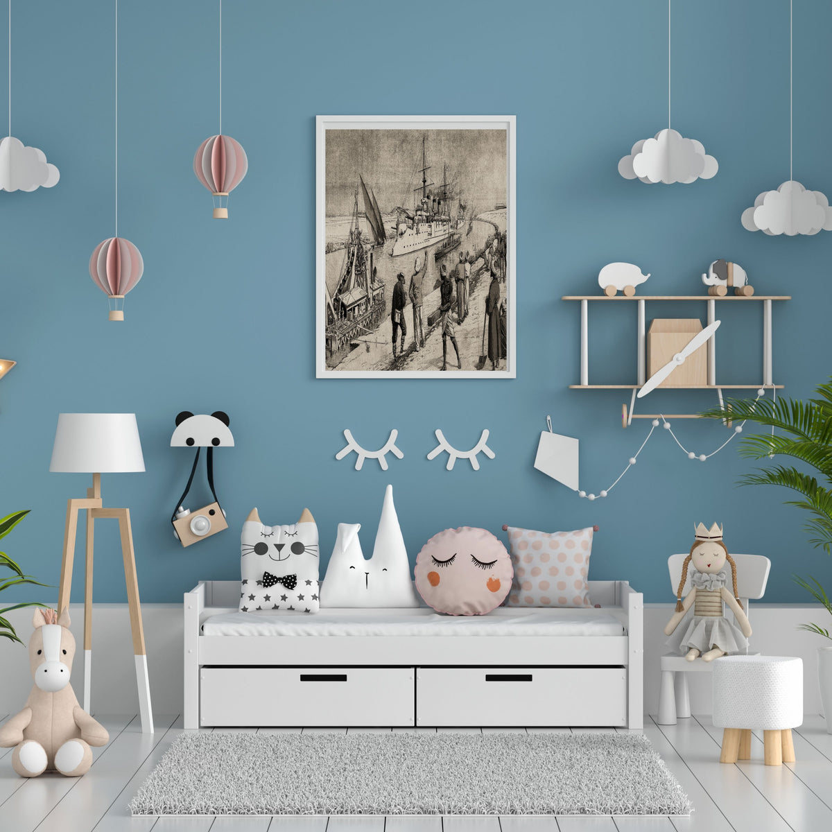 Vintage Coastal Harbor Wall Art for Commercial Use, Steamship and Sailboat Scene for Etsy and POD