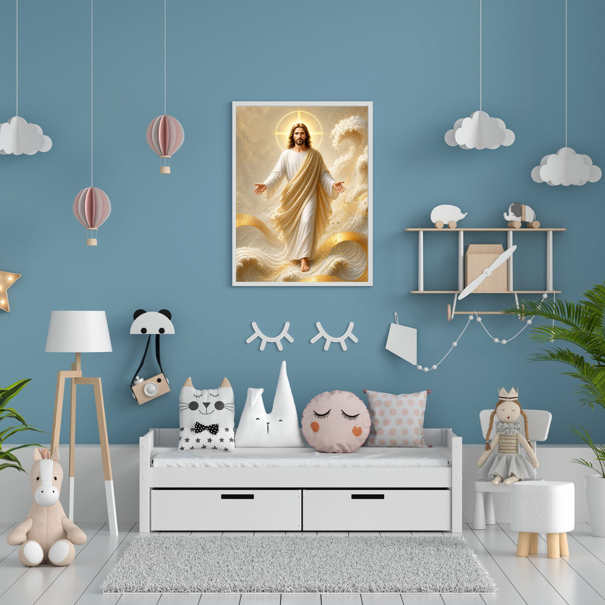 Jesus Walking on Water Wall Art Printable | Lord of the Storm Peace Be Still Cream Gold Waves Print | Circular Cross Halo Ocean Faith Christian Decor