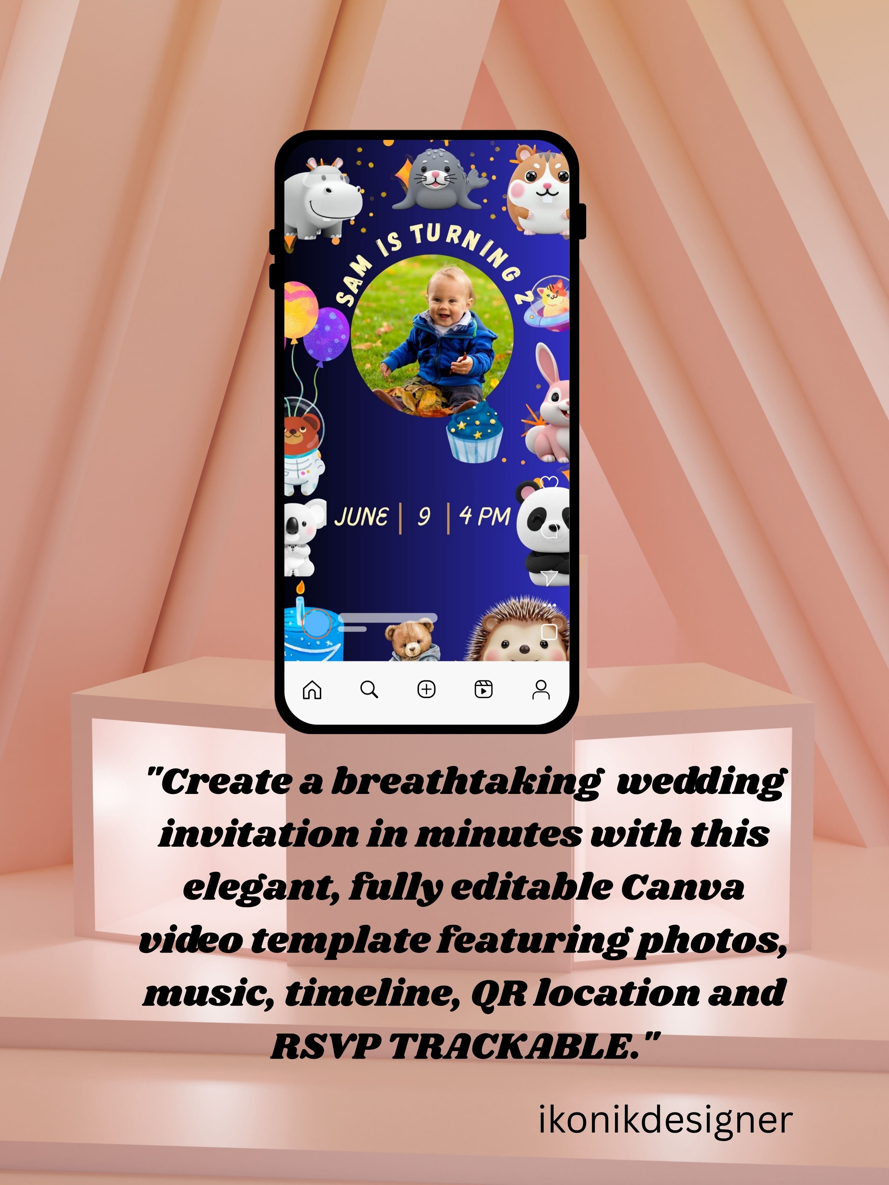 commercial use ANIMAL THEME Birthday Invitation Video | Editable Canva pro Template | Kids Party Invite | ki35c