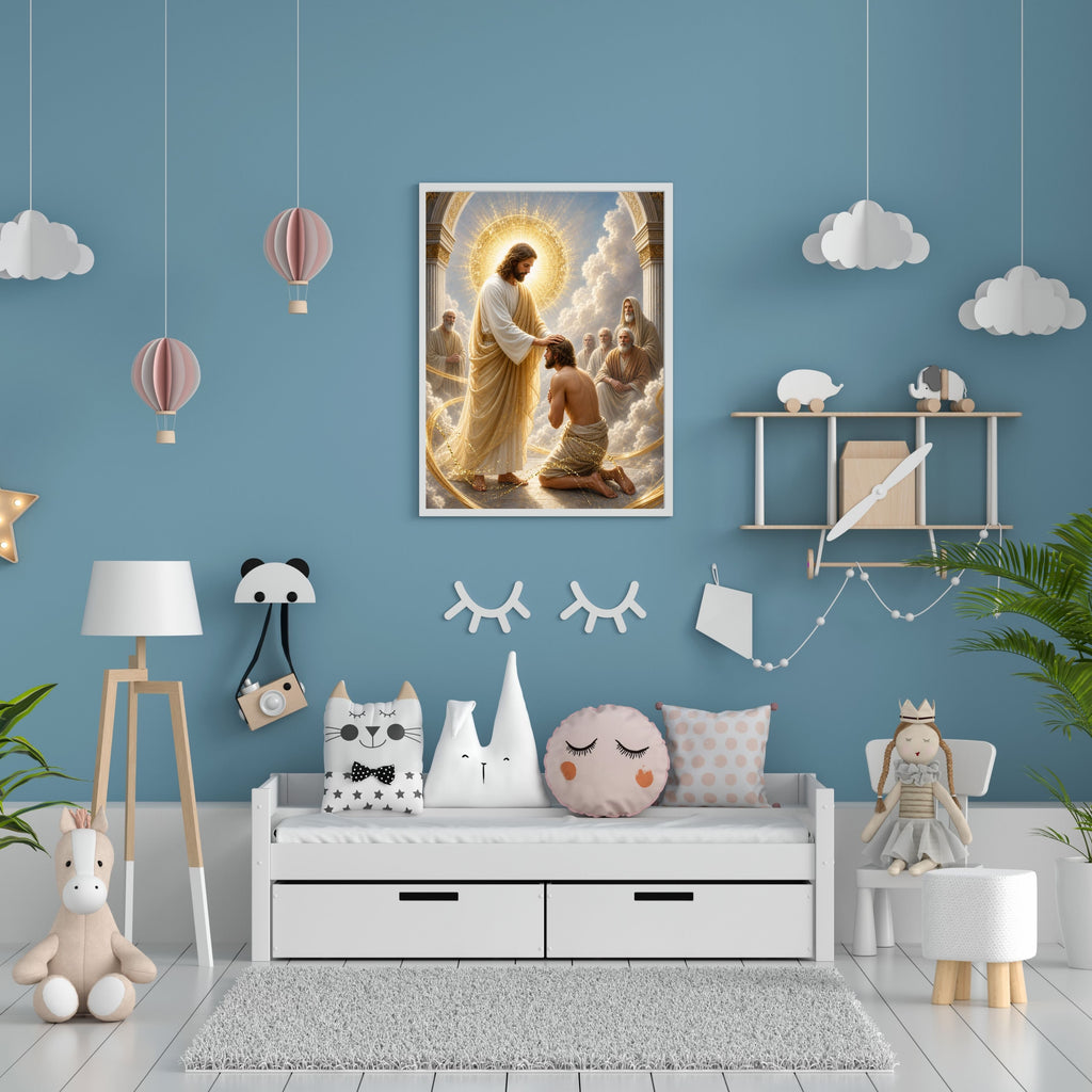 Jesus Blessing Kneeling Man Wall Art Printable | Laying on of Hands Divine Ordination Healing Touch Gold Arch Throne Room Print | Christian Faith Spiritual Gift Decor