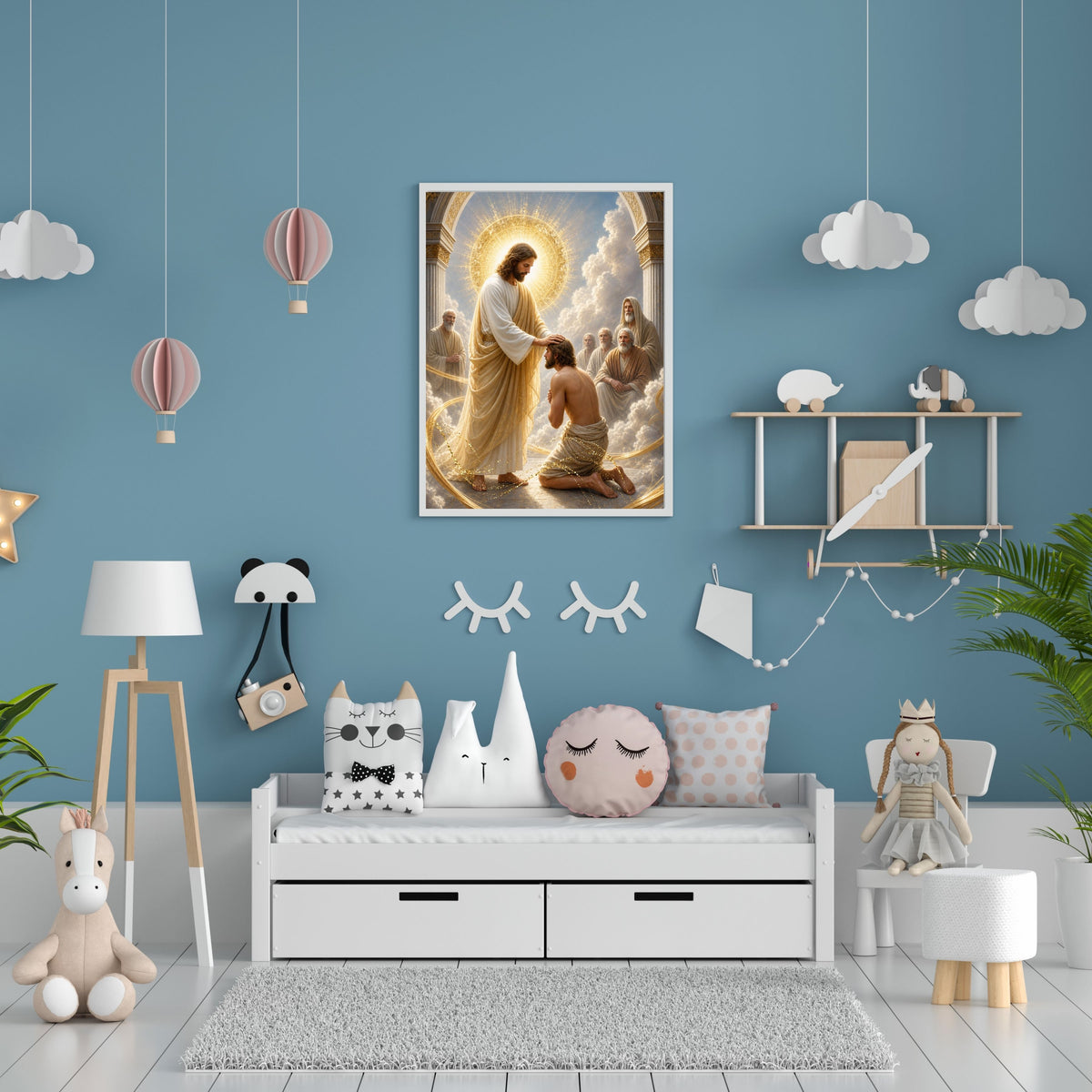 Jesus Blessing Kneeling Man Wall Art Printable | Laying on of Hands Divine Ordination Healing Touch Gold Arch Throne Room Print | Christian Faith Spiritual Gift Decor