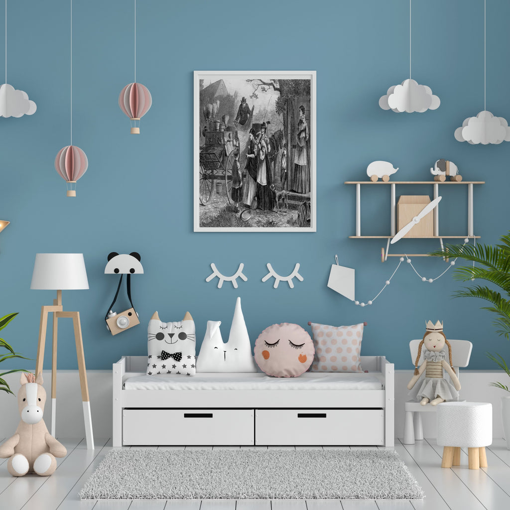 Antique Village Market Wall Art Printable, Historical Street Scene Illustration