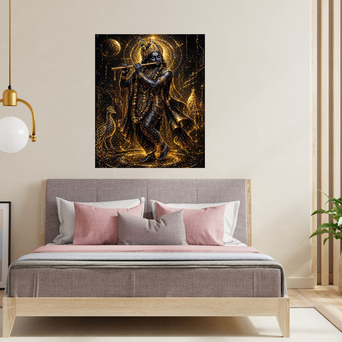 Dark Krishna Wall Art Printable | Black Gold Luxury Glow Bansuri Flute Peacock Halo Temple Moon Night | Hindu Spiritual Decor Modern Dark Aesthetic Devotional Gift