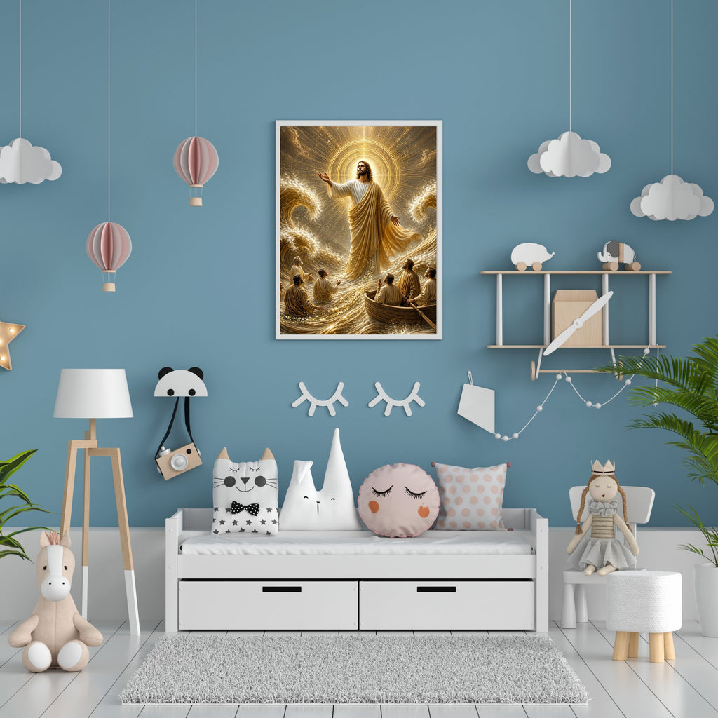 Jesus Calms the Storm Wall Art Printable | Peace Be Still Disciples Boat Sea of Galilee Gold Sunburst Halo Print | Christian Storm Miracle Faith Decor Gift