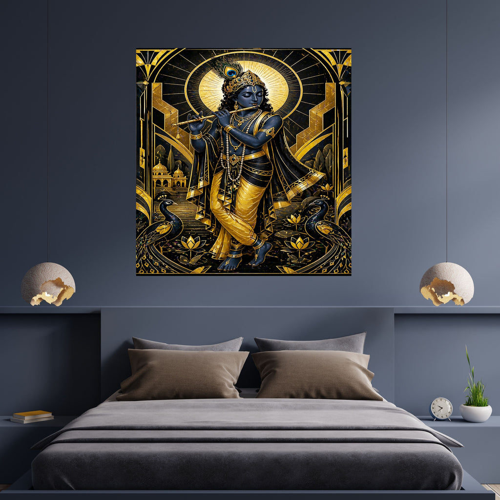 Art Deco Krishna Wall Art Commercial Use Bundle | Black Gold Luxury Geometric Frame Bansuri Peacock Lotus Halo Temple | Hindu Spiritual POD Etsy Resell License