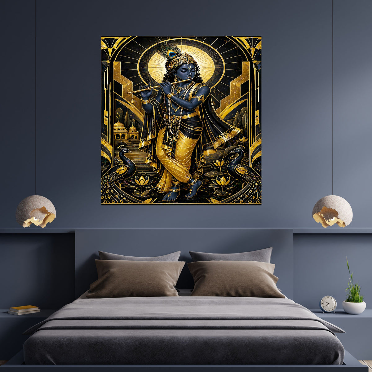 Art Deco Krishna Wall Art Commercial Use Bundle | Black Gold Luxury Geometric Frame Bansuri Peacock Lotus Halo Temple | Hindu Spiritual POD Etsy Resell License