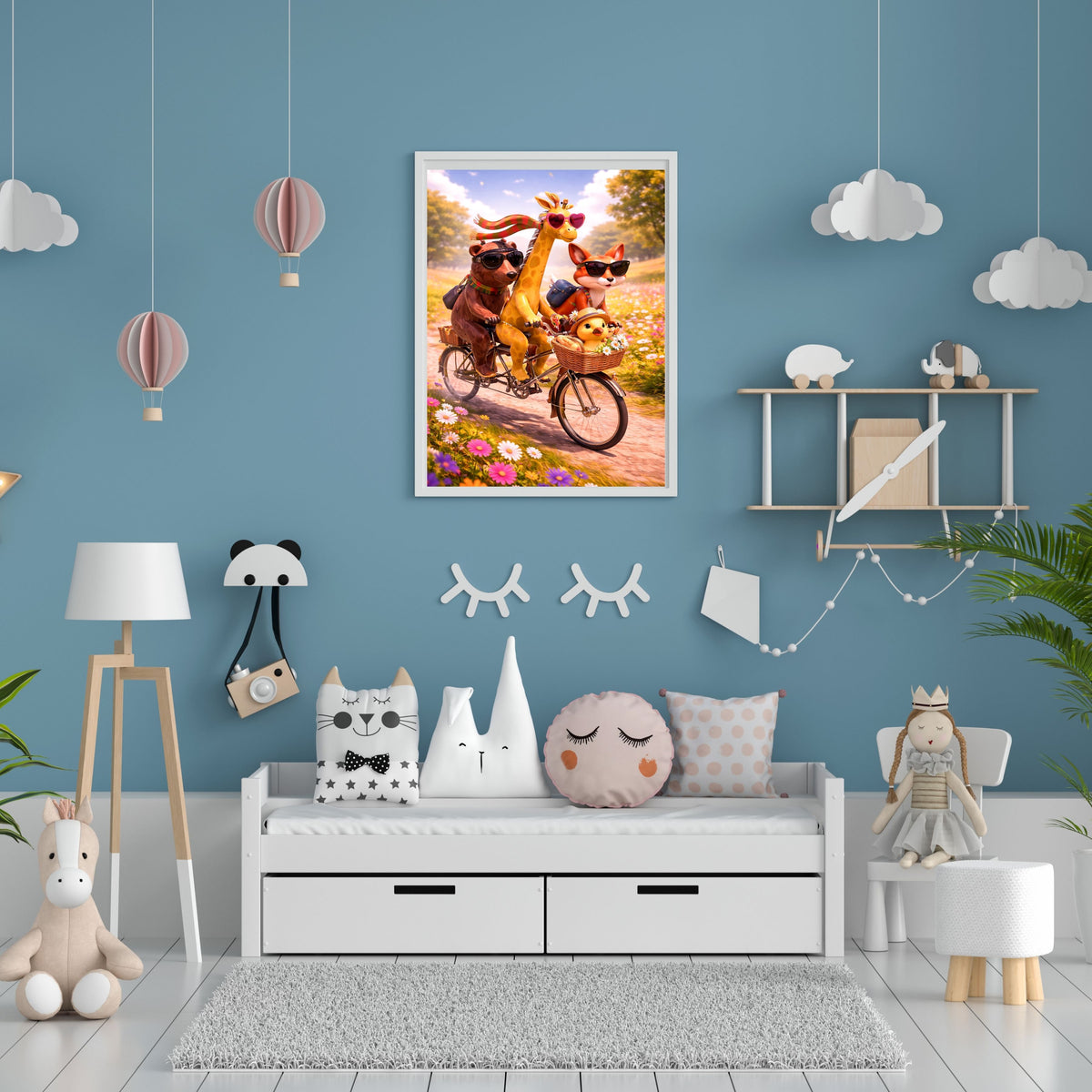 Cute Animals Bicycle Adventure Wall Art Printable, Bear Giraffe Fox Duck Bike Ride Sunglasses Wildflower Meadow Kids Nursery Poster, Fun Animal Cycling Home Decor Print, Digital Download, 300 DPI