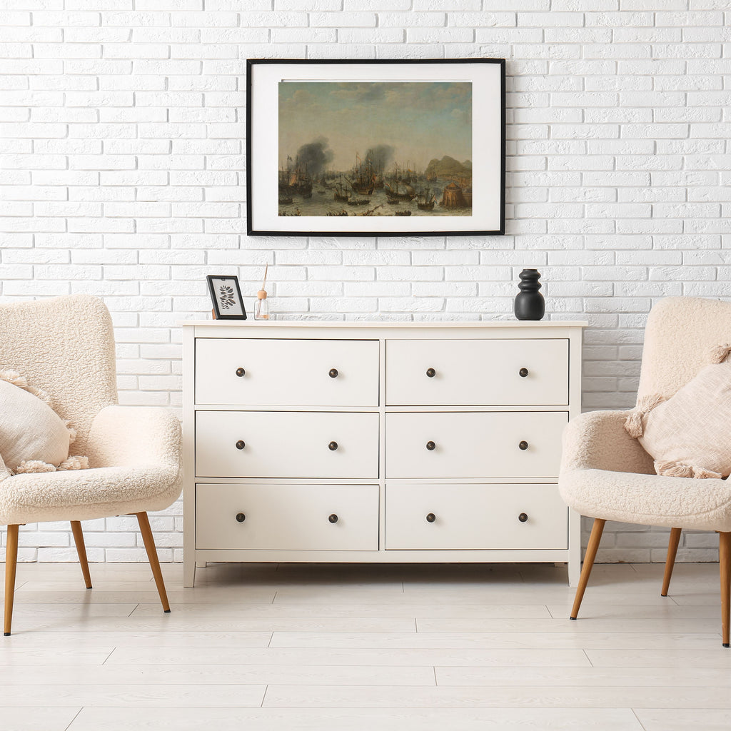 Historic Harbor Wall Art Printable, Misty Sailing Ships and Coastal Tower