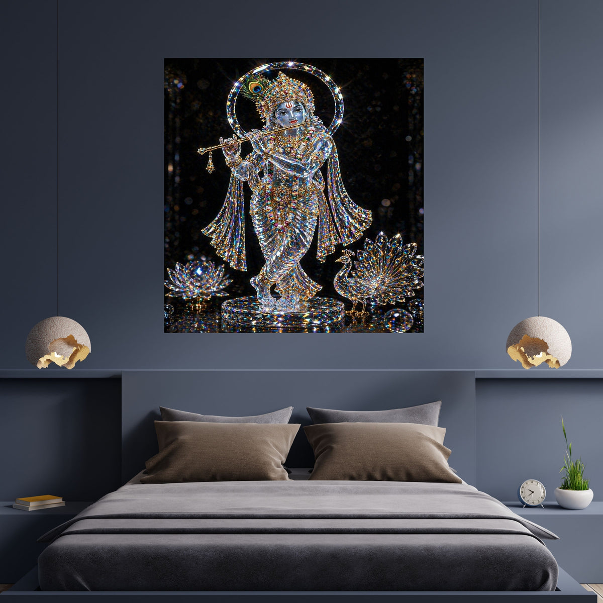 Lord Krishna Crystal Wall Art Printable | Diamond Crystal Sculpture Bansuri Flute Peacock Feather Crown Crystal Halo Crystal Peacock Lotus Black Background Luxury | Hindu Spiritual Decor Gift