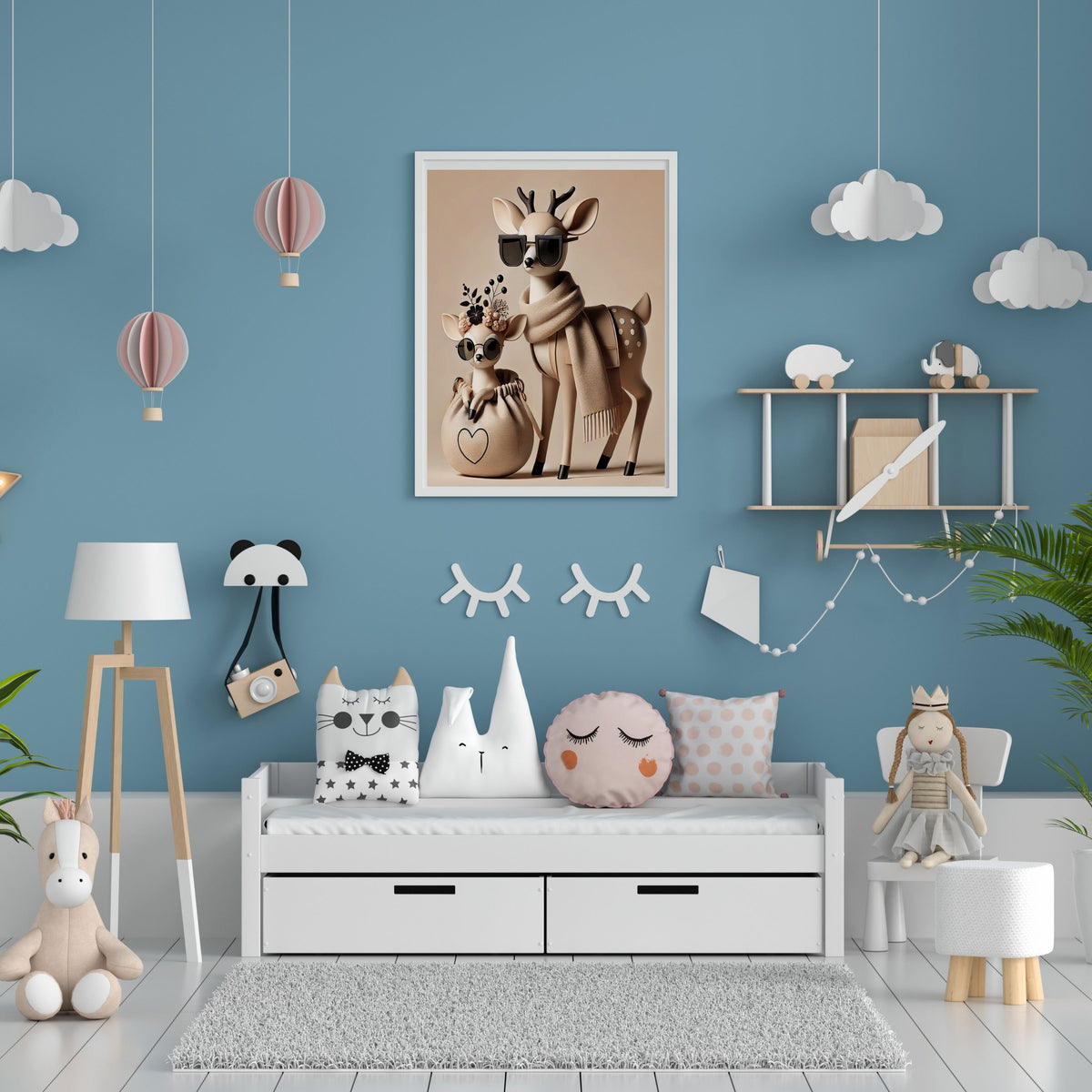 Fashionable Deer Mother and Fawn Wall Art Bundle, Commercial Use Cute Deer Sunglasses Floral Crown Scarf Nursery Poster, Beige Boho Baby Shower POD Print, Digital Download, 300 DPI