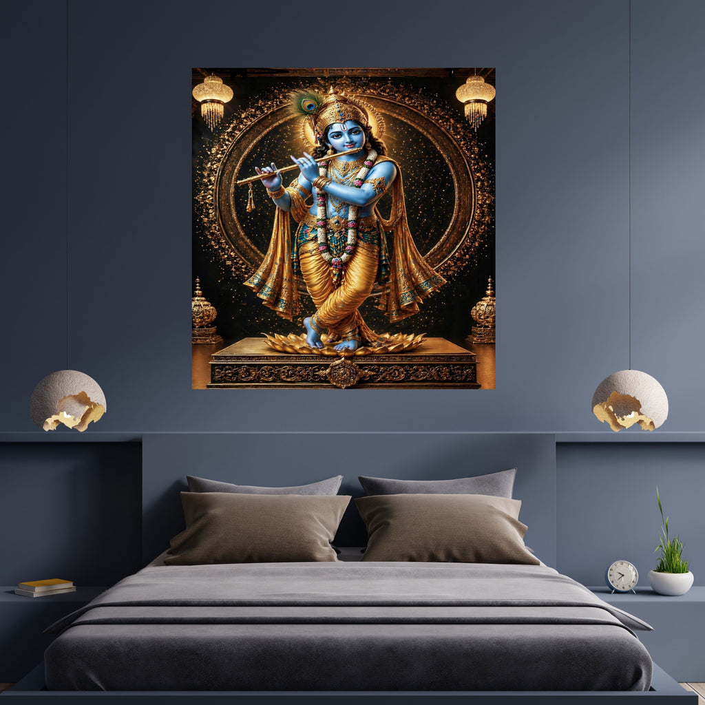 Lord Krishna Wall Art Commercial Use Bundle | Krishna Playing Flute Blue Skin Peacock Feather Crown Gold Regalia Lotus Pedestal | Hindu Pooja Room POD Etsy Resell License