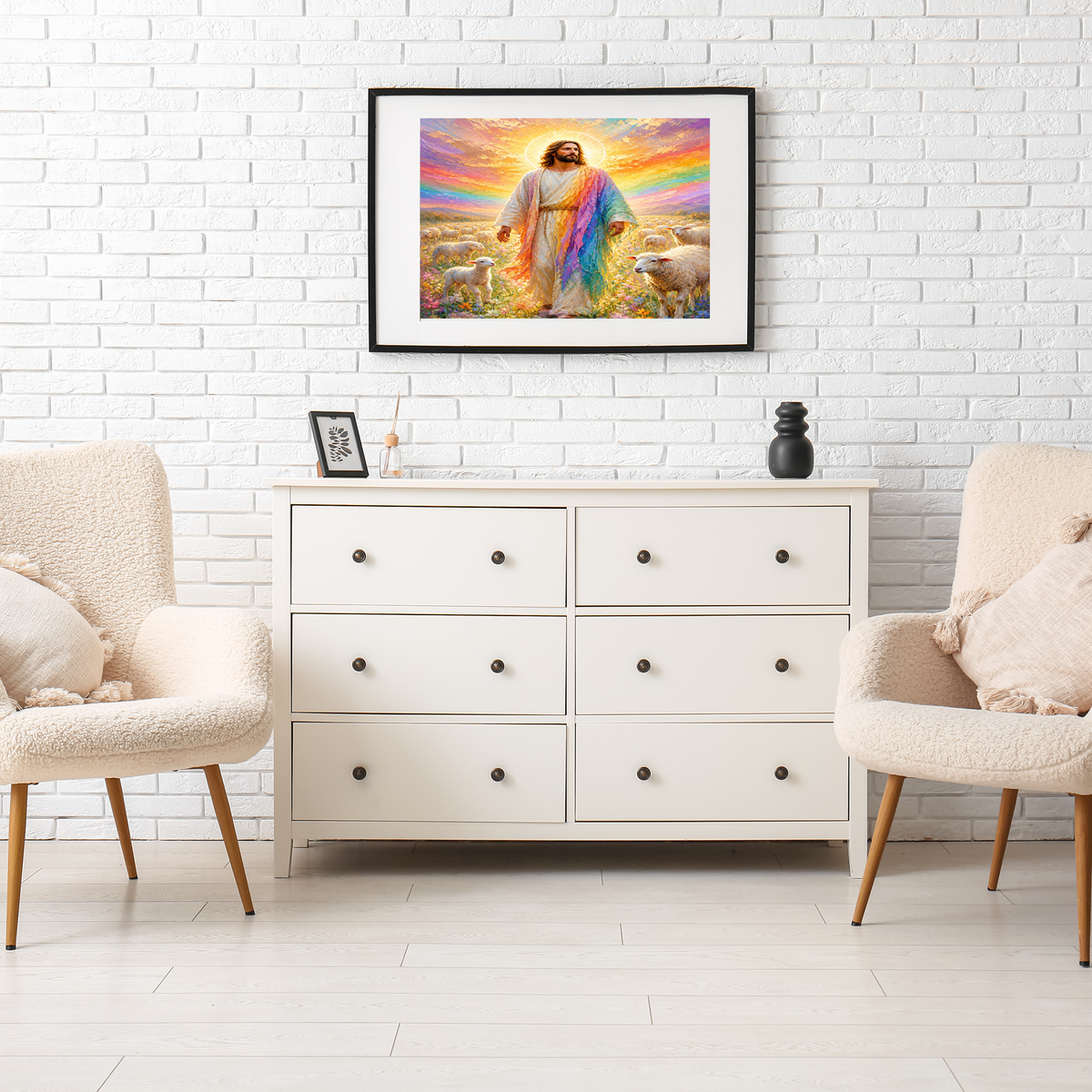 Jesus Good Shepherd Wall Art Printable | Rainbow Sky Christian Nursery Decor | Bible Story Print | Faith Wall Art | Instant Download