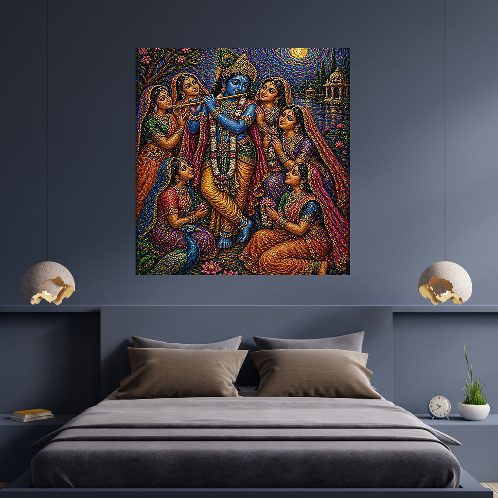 Krishna Gopis Wall Art Printable | Raas Lila Bead Mosaic Bansuri Flute Five Devotees Peacock Lotus Temple Swirling Sun Vrindavan | Hindu Spiritual Decor Devotional Gift