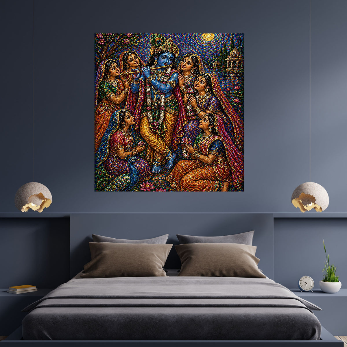 Krishna Gopis Wall Art Printable | Raas Lila Bead Mosaic Bansuri Flute Five Devotees Peacock Lotus Temple Swirling Sun Vrindavan | Hindu Spiritual Decor Devotional Gift